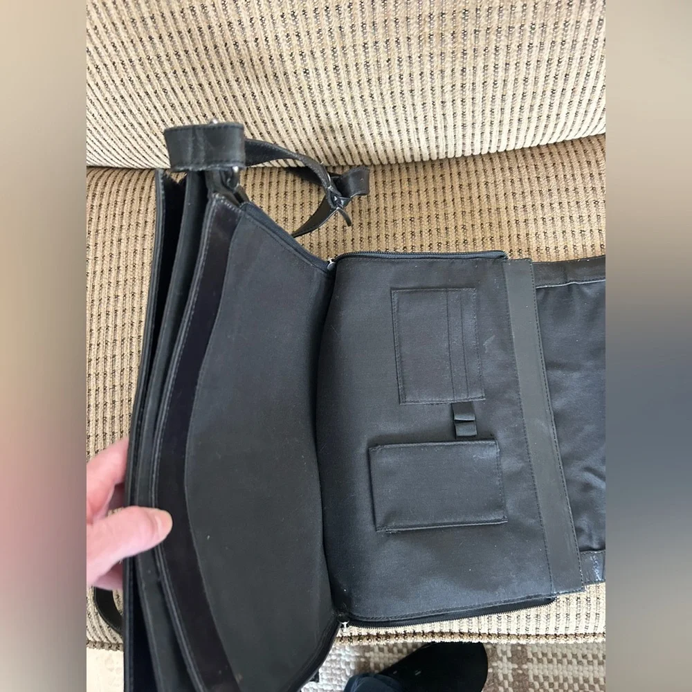 Black Leather Messenger Bag Laptop Work Crossbody Organizer